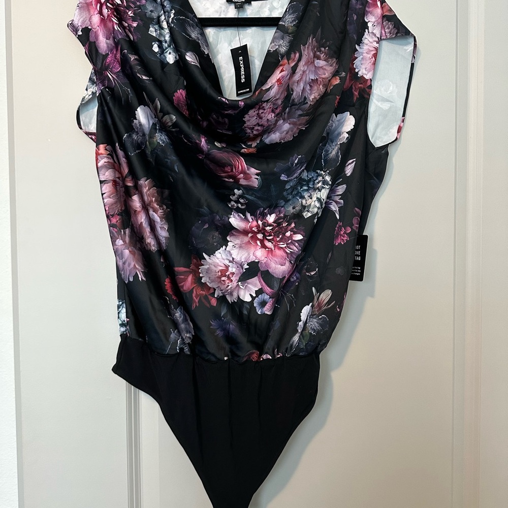 Express Floral Print Bodysuit in Black and Pink